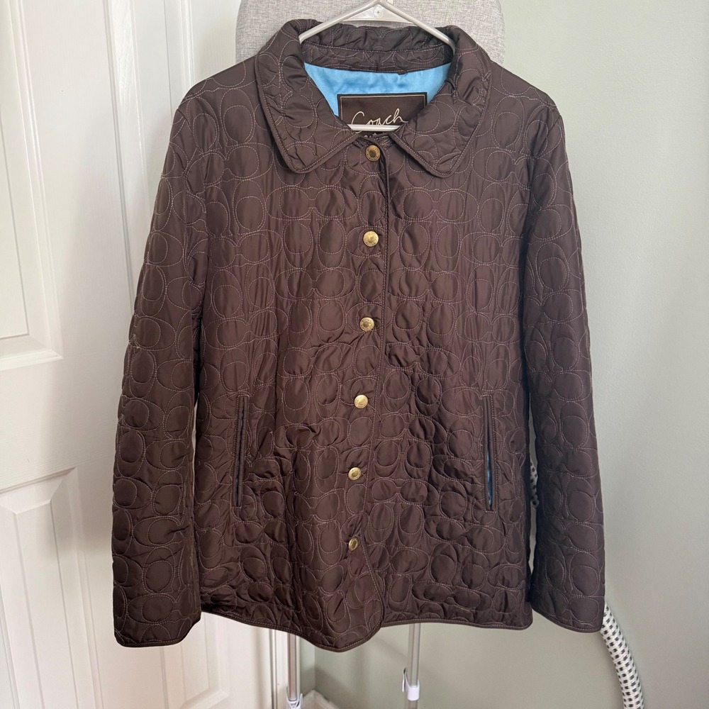 Coach Signature C Quilted Barn Jacket Womens L Brown Blue Monogram Y2K